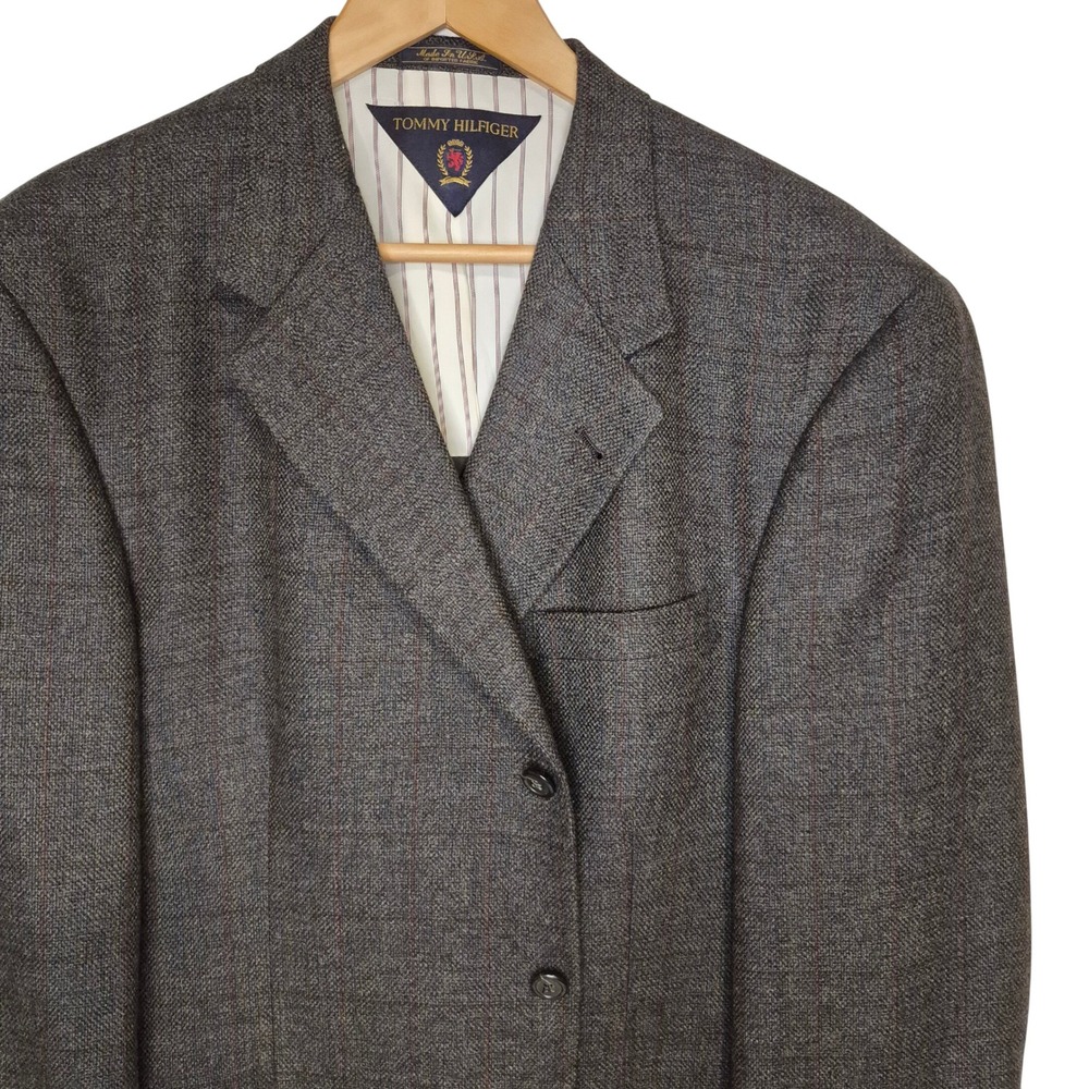 Tommy Hilfiger‎ Blazer Mens 43R Gray Wool 3-Button Windowpane Plaid Sport Coat